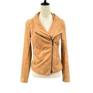 Vince Caramel Brown Soft Goat Leather Wool Trim Asymmetrical Zip Moto Jacket